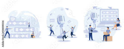 Voice messages concept. Tiny people use microphone to record message. Chat app, set flat vector modern illustration  