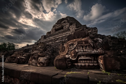 teotihuacan feathered serpent temple ruins dramatic lighting photo