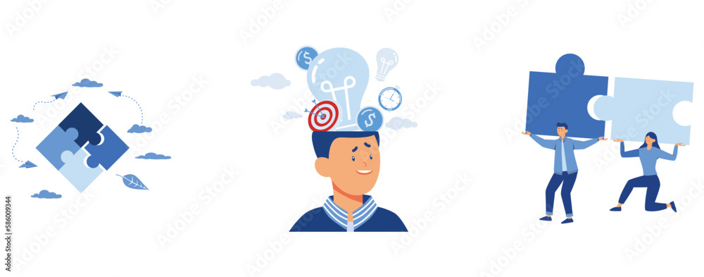 Fototapeta premium jigsaw puzzles are a great element of team work and search for ideas, brainstorming thought process, puzzle Team elements Business concept, flat vector modern illustration 
