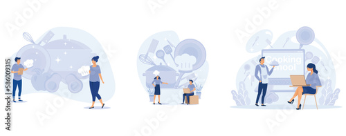 Cooking school - text on kitchen frying pan. Culinary master class online. Tiny chef in hat with kitchen tools and foods, set flat vector modern illustration 