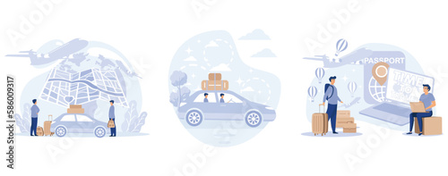 Time to travel. Tourism. Trip to world. Road trip. Tour. Tiny people planning vacation. Suitcase, world map and tourism set, set flat vector modern illustration  