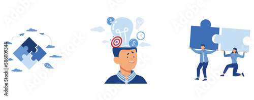jigsaw puzzles are a great element of team work and search for ideas,  brainstorming thought process, puzzle Team elements Business concept, flat vector modern illustration   