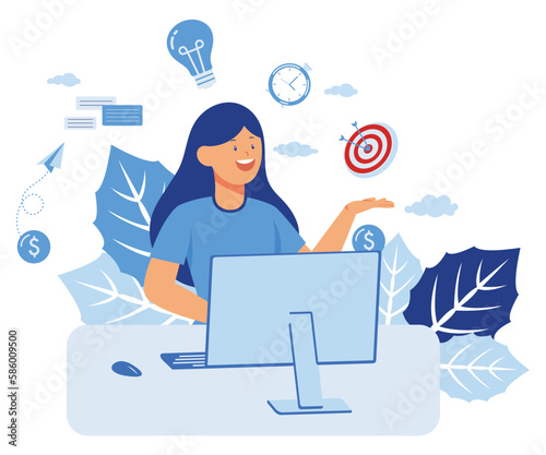 Multitasking work, productive master woman many hands productive doing her job thanks to time management and skill management. workaholic workplace stress management, flat vector modern illustration