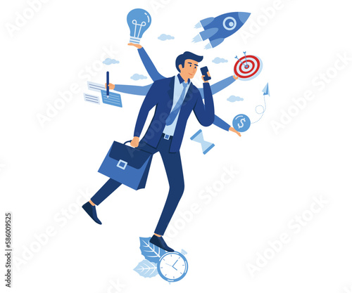 Multitasking work, productive master doing her job thanks to time management and skill management. workaholic workplace stress management, flat vector modern illustration