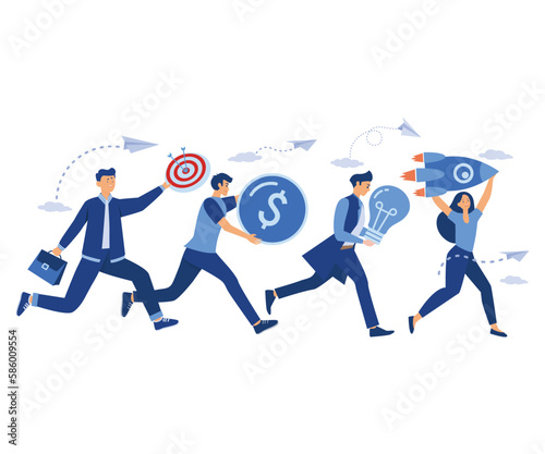 entrepreneurship teamwork on start up project startup. people run rocket ,investments ,ideas new project launch metaphor. company launches new acceleration product start. flat vector modern illustrati