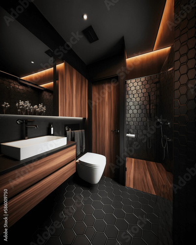 Interior Design Photography  Generous Bathroom with Black Tiles and Wooden Furnishings