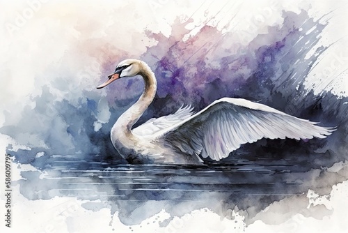A graceful swan gliding on a lake, with a watercolor background featuring shades of blue and purple to evoke a serene and tranquil atmosphere Generative AI