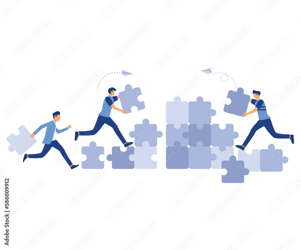 Business concept, people connecting puzzle pieces. Symbol of teamwork, cooperation, partnership, flat vector modern illustration Business concept, people connecting puzzle pieces. Symbol of teamwork, cooperation, partnership, flat vector modern illustration