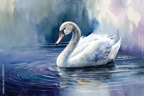 Fototapeta Naklejka Na Ścianę i Meble -  A graceful swan gliding on a lake, with a watercolor background featuring shades of blue and purple to evoke a serene and tranquil atmosphere Generative AI
