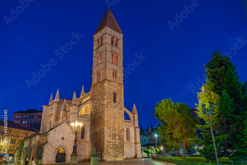 Night view of parish church Santa Maria de la Antigua in Valladolid, Spain photo