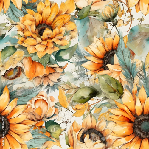 pattern with flowers,beautiful organza, watercolor, floral, sunflowers ,lines, wallpaper, Ai generated 