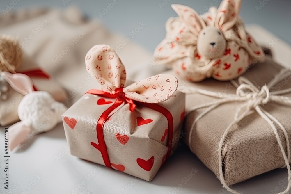small gift box with a red ribbon tied around it on a white background created with Generative AI technology