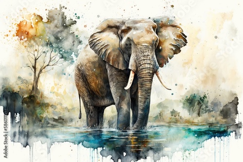 A majestic elephant standing in a river, with watercolor splashes creating a dreamy and serene effect Generative AI