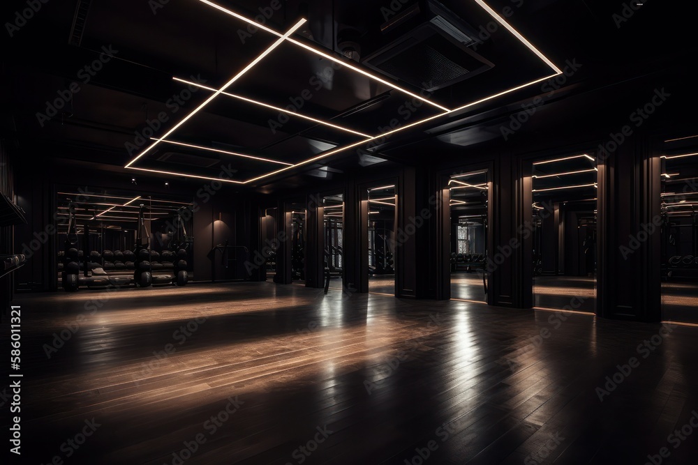 Luxury gym, workout are and treadmill, dark and cinematic lighting, generative ai
