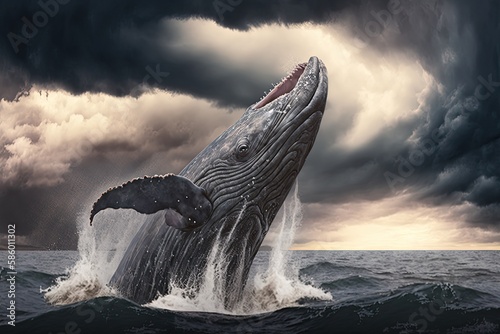 A majestic humpback whale breaching out of the water, with a stormy sky in the background Generative AI © PinkiePie