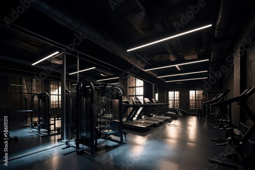 Luxury gym, workout are and treadmill, dark and cinematic lighting, generative ai
