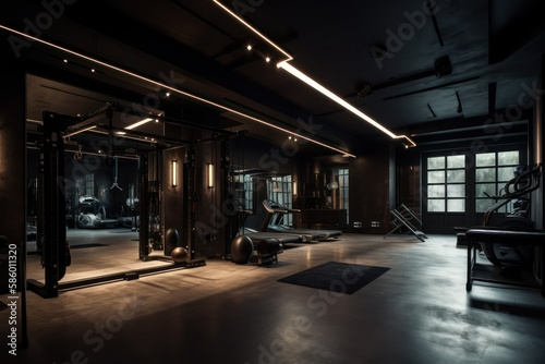 Luxury gym, workout are and treadmill, dark and cinematic lighting, generative ai