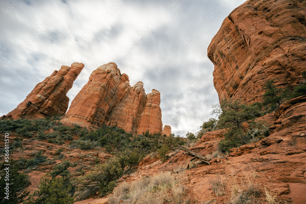 Low angle view of Cathedral Rock in Sedona Arizona on trail approach.