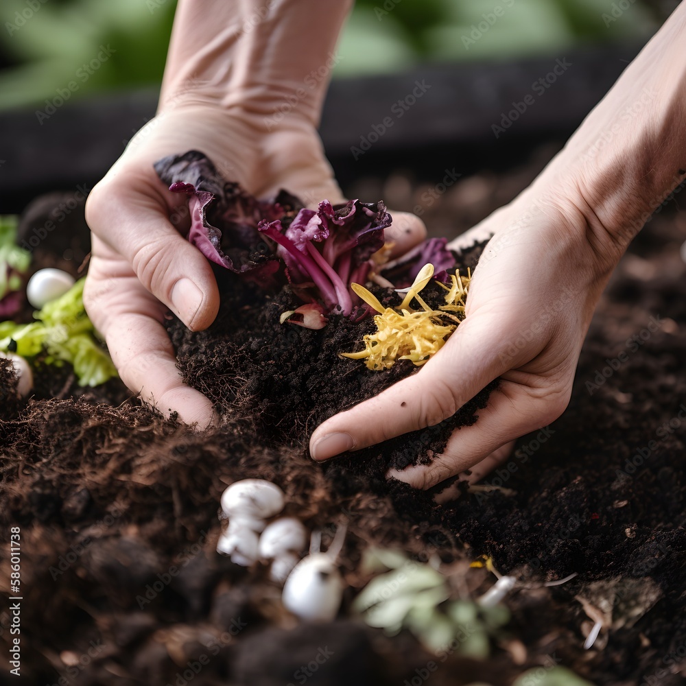 hands working in an urban garden and soil, while planting new plants, ai