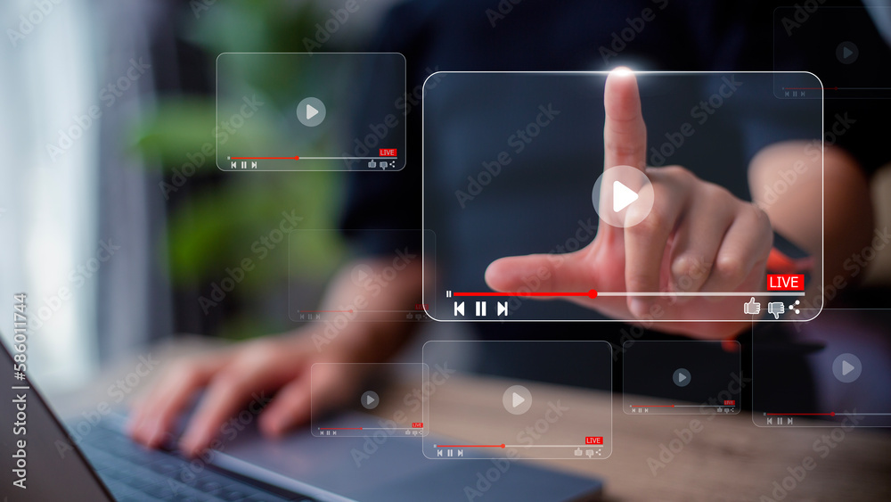 Naklejka premium streaming online, watching video on the internet, live concert, show, or tutorial concept