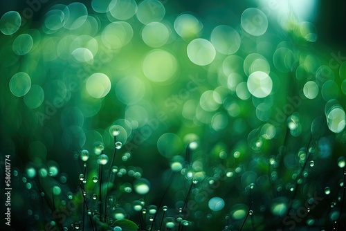 Illustration of close-up view of dew drops on a green leaf created with Generative AI technology