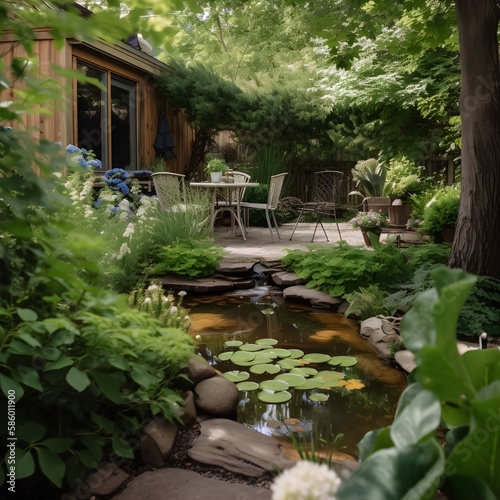 garden with plenty of greenery in the daylight and a small pond and table  ai