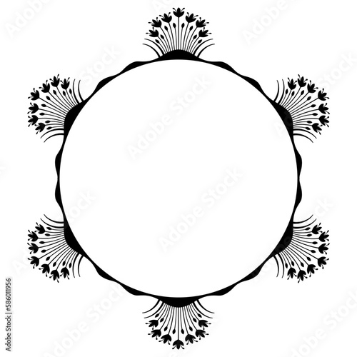 Round frame with floral motifs. Cretan Minoan ethnic design. Blooming bush. Lily blossom. Crocus flowers. Black and white silhouette.