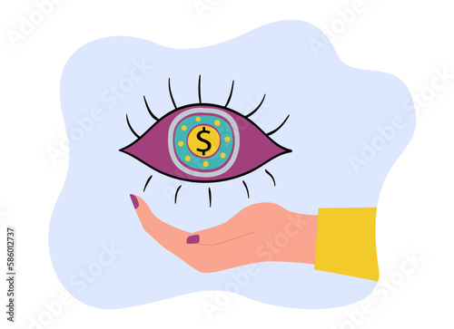 Hand and seeing eye with dollar sign vector illustration. Cartoon drawing of fortuneteller predicting successful job. Finances, astrology, mysticism, prediction, success concept