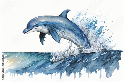 A playful dolphin leaping out of the ocean waves, painted with cool and calming blue watercolors Generative AI © PinkiePie