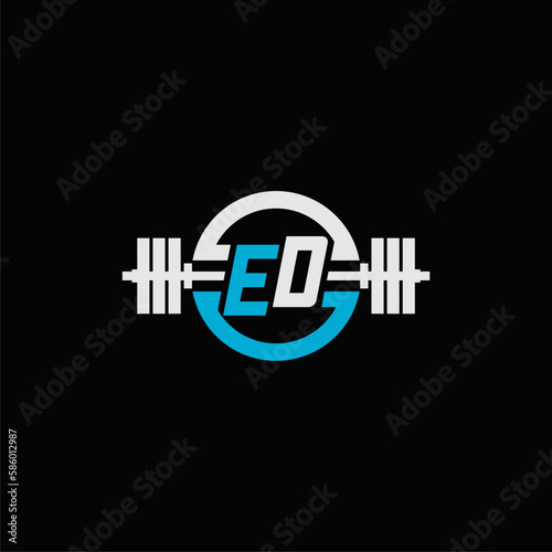 Initial letter ED logo for gym or fitness with dumbbell icon and circle line