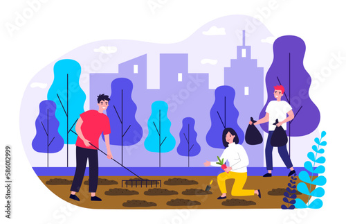 Happy men and woman taking care of garden in city. Ecology activists planting and harvesting vegetables in urban area vector illustration. Urban gardening, farming or agriculture, nature concept