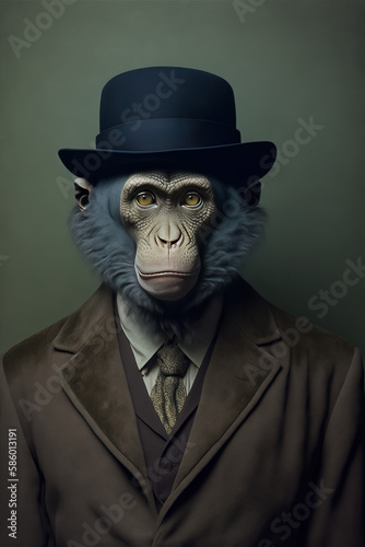 Monkey with a suit and a hat, animal businessman, corporate working animals. generative ai