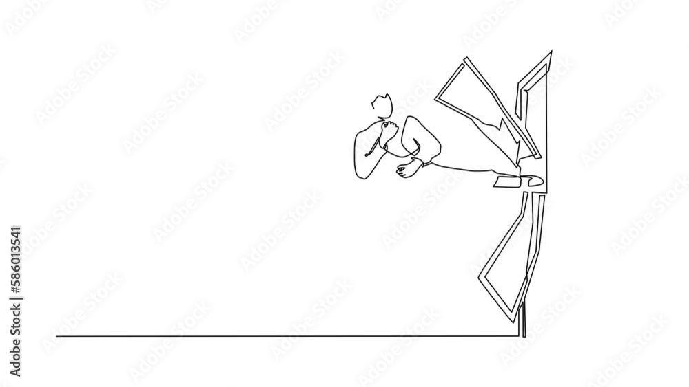 Animated self drawing of continuous line draw Arabian kicks the door with flying kick until door shattered. Man kicking locked door. Concept of overcoming obstacles. Full length one line animation Animated self drawing of continuous line draw Arabian kicks the door with flying kick until door shattered. Man kicking locked door. Concept of overcoming obstacles. Full length one line animation