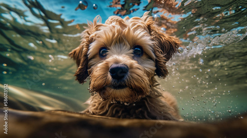 a dog swimming under water, yorkie, yorkshire terrier, puppy, photo