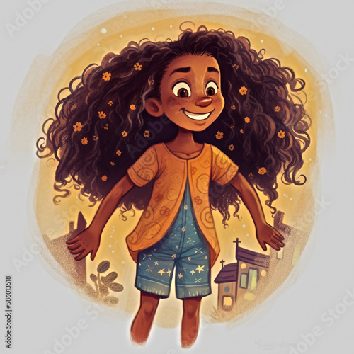 A cartoon of a black girl with curly hair and a yellow shirt  photo