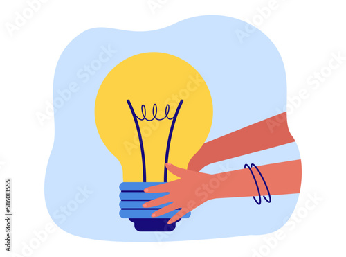 Hands holding big lightbulb as symbol of innovative idea. Employee, worker, writer, artist or creative person with bulb vector illustration. Creativity, information, innovation, brainstorm concept