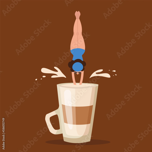 Tiny woman in swimsuit diving into huge coffee cup. Morning routine or breakfast in cafe, female cartoon character swimming in coffee drink vector illustration. Coffee concept