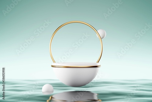 3d render, abstract minimalist blue background with empty hemispheric stage for product presentation, golden round arches and reflection, white balls in water surface.
