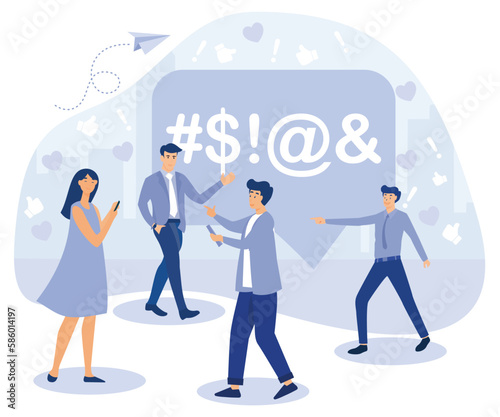 Haters online concept. Tiny people put dislikes and write negative comments. Flat vector modern illustration.