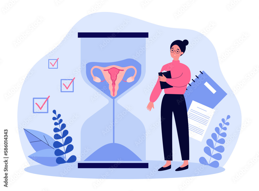 Female gynecologist standing next to huge hourglass with uterus