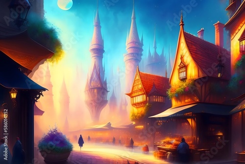Rendering of  Fantasy City  Where Magic Meets Modernity . Generative AI. 