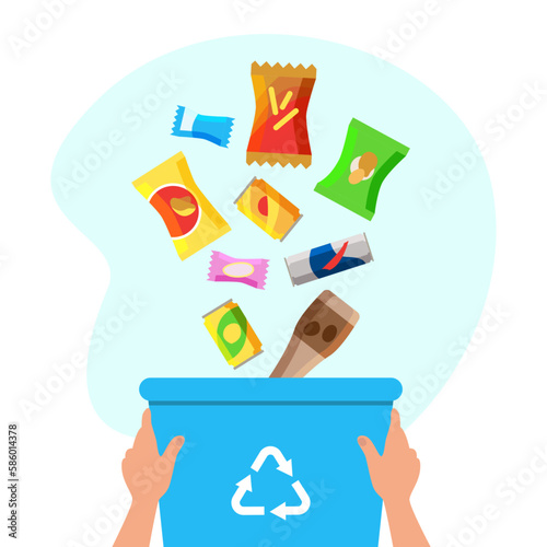 Hands with recycle bin and falling packages vector illustration. Cartoon drawing of ecology activist recycling garbage. Sustainability, recycling, ecology, zero waste, sustainability concept