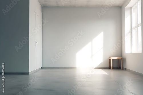 Minimalist room with blank white wall  natural soft day light with wooden chair  space for text   Nature product promotion beauty cosmetics . Nude Studio showcase for advertisement  generative ai