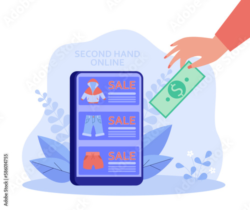 Hand with banknote and phone showing online second hand store. Customer buying pre-used clothes online via smartphone or tablet vector illustration. Online shopping, secondhand, fashion concept