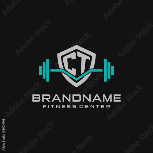 Creative letter CT logo design for gym or fitness with simple shield and barbell design style