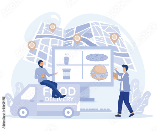 Food delivery service. Tiny people order food online. Chefs and courier prepare food to order. Pizza, burger, french fries,sushi, rice, food basket,  flat vector modern illustration 