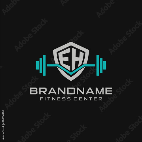 Creative letter EH logo design for gym or fitness with simple shield and barbell design style