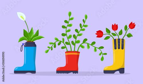 Flowers growing in rubber boots vector illustration. Cartoon drawing of old shoes used as flowerpots for plants. Recycling, upcycling, nature, ecology, zero waste concept