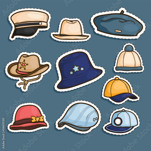 Set of Hat and Cap Head Accessories Cute Sticker Illustration