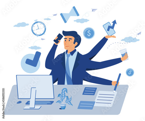 Multitasking work, productive master man many hands productive doing her job,  workaholic workplace stress management,  flat vector modern illustration  